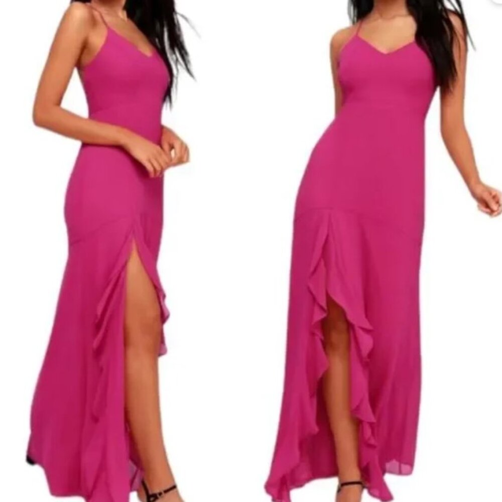 dress gown Lulu's high low slit maxi Luxurious Love Magenta Lace-Up Maxi XL NEW